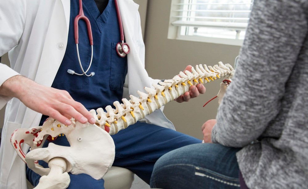 orthopedic specialist holding model spine while consulting with patient